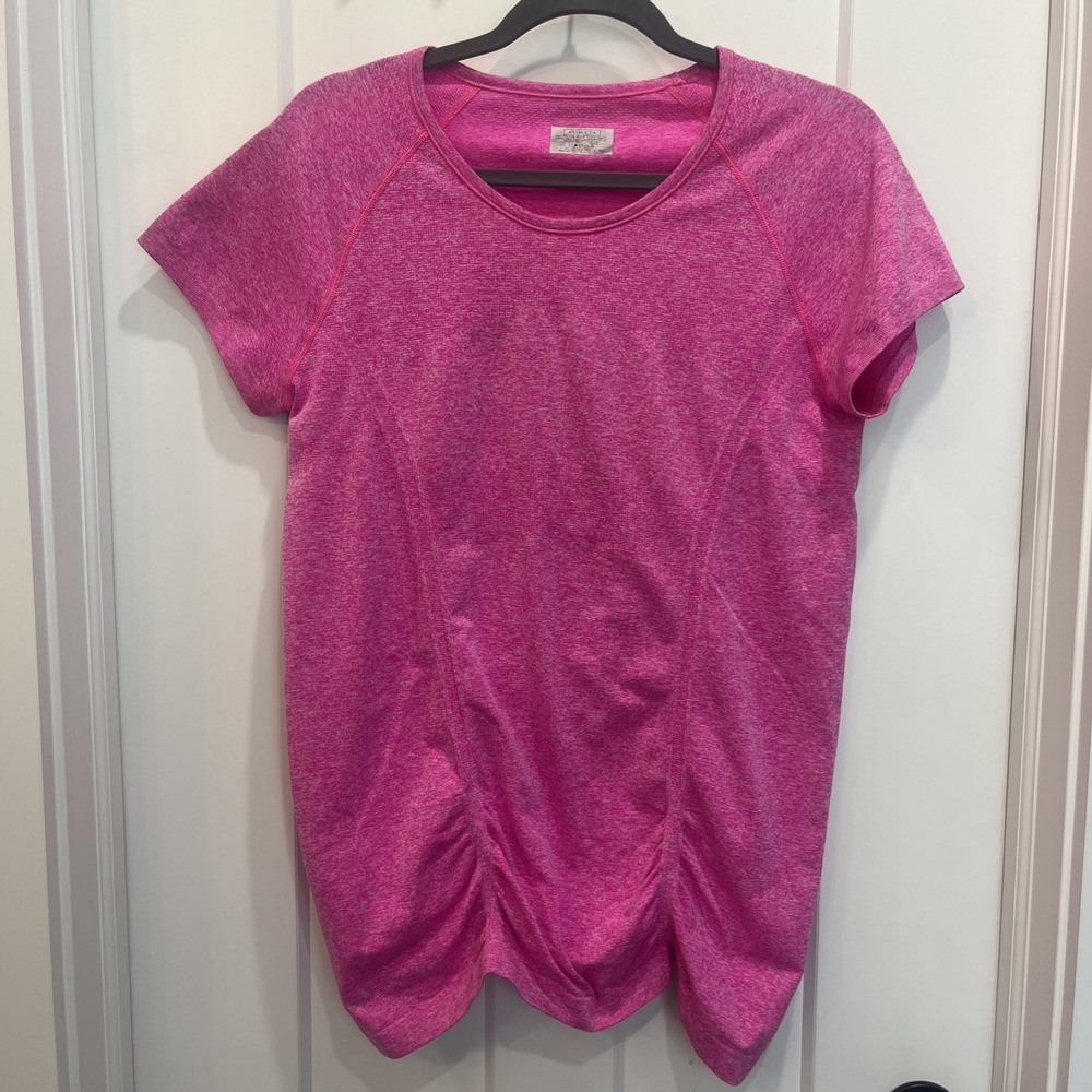 Athleta Women's Fastest Track T-Shirt Ruched Short Sleeves Pink Heather Sz XL